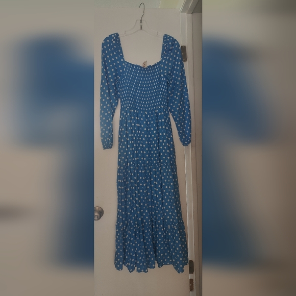 Anthropologie Dolan Blue & White Long Sleeve Polka Dot Midi maxi Dress - Picture 3 of 7